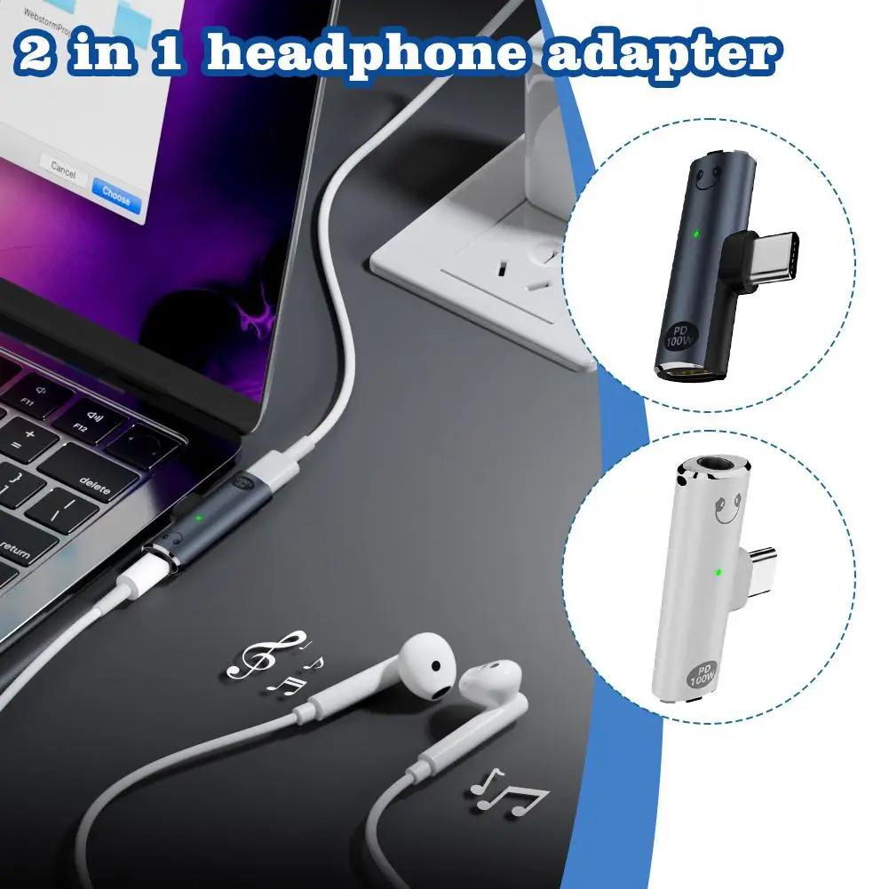 Type C To USB-C 3.5mm Headphone Audio Charger Adapter Splitter Charging AUX Converter Headphone Cable Audio Charge Splitter E5S8