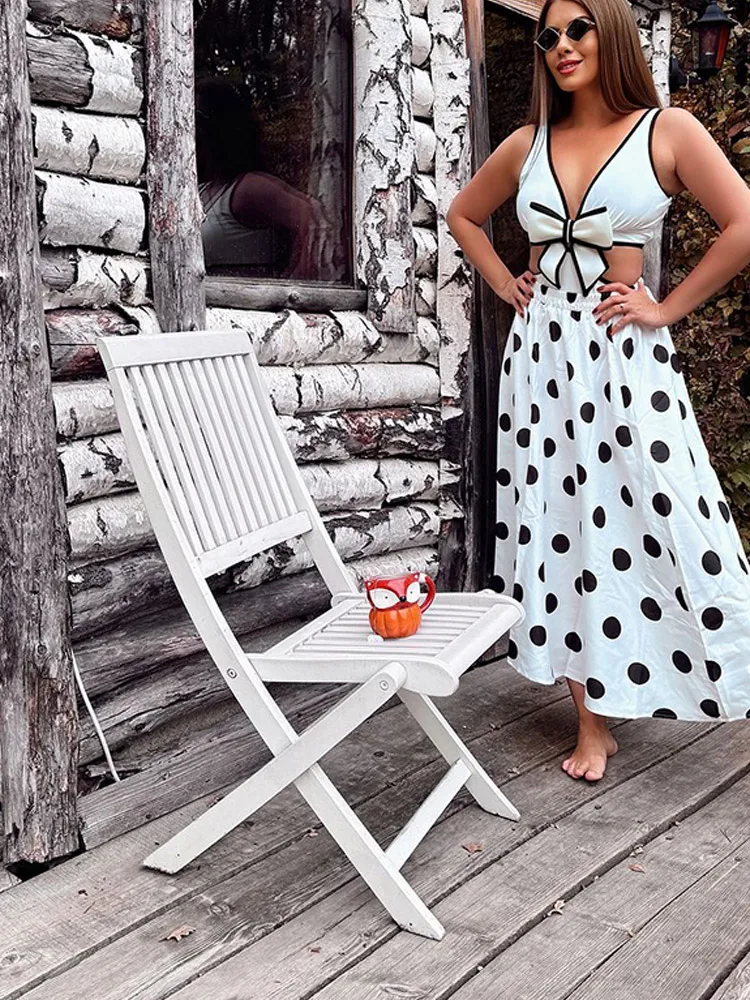 White Bowknot Romper Top Polka Dot Long Skirt Suit Women Chic Beach Vacation Sun-protective Swimwear Summer New Casual Outfit