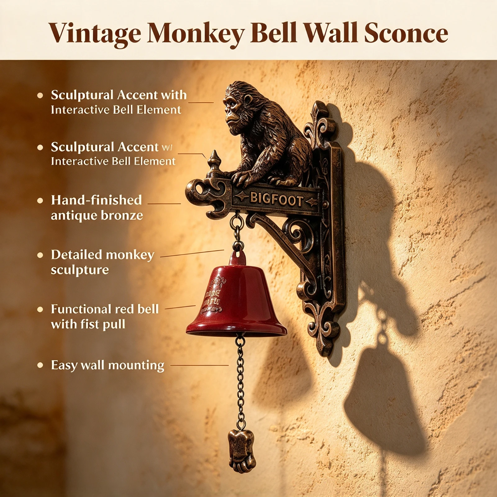 Vintage Bigfeet Devil Wall Bell, Red Metal Doorbell Hanging Ornament, Christmas Gothic Home Decor Party, Gift For Adults Kids