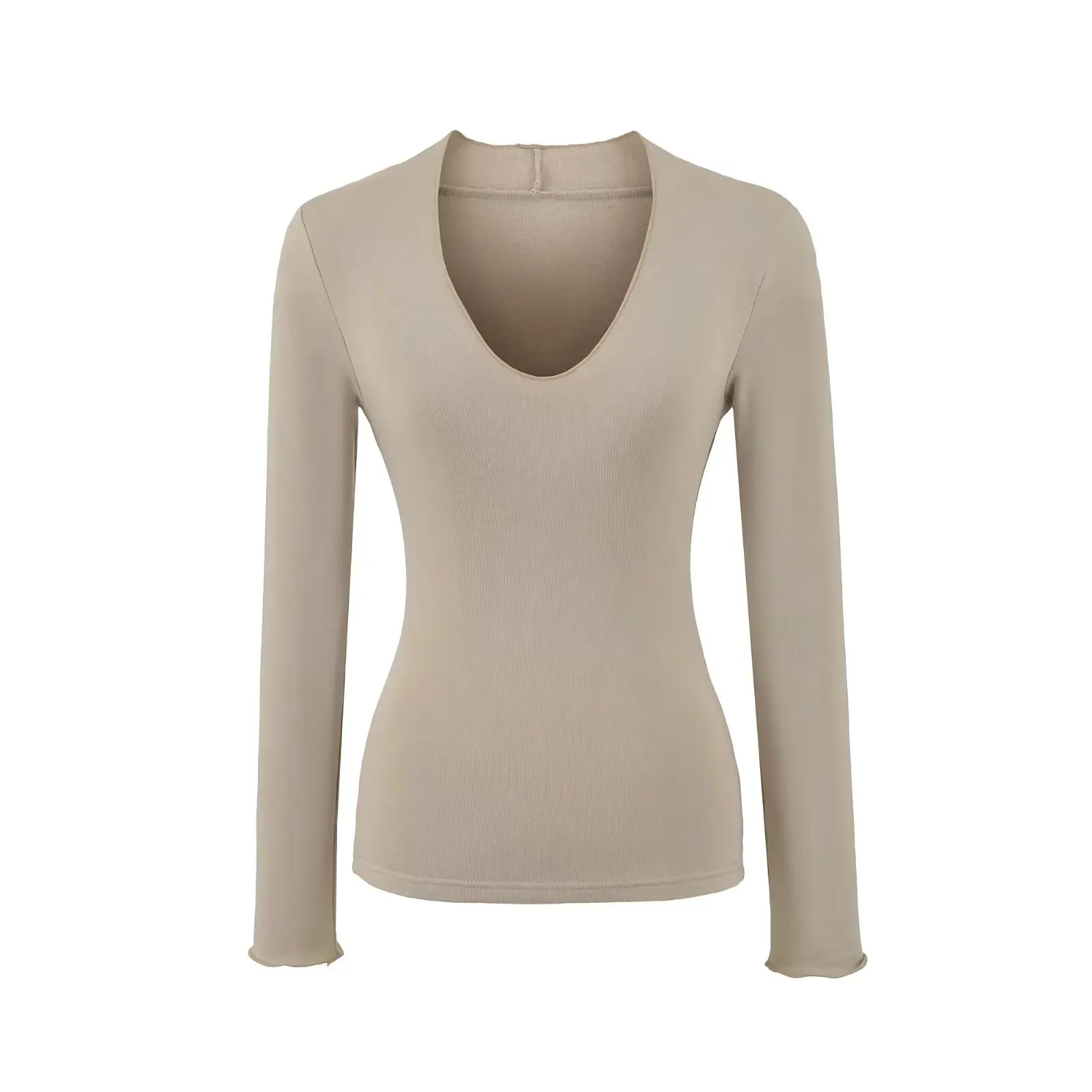 여성용 롱 슬리브 안감 티셔츠 브이넥 슬림핏 베이스 티셔츠 플러스 사이즈 캐주얼 슬리브 가을 겨울 패션 탑