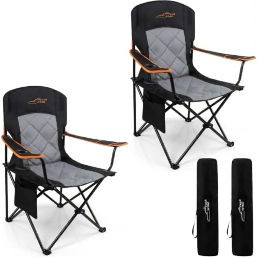 Oversized Padded Camping Chair 2 Pack 350 LBS Capacity Fully Padded Lawn Quad Chair with Side Pocket and Cup Holder, Heavy Duty
