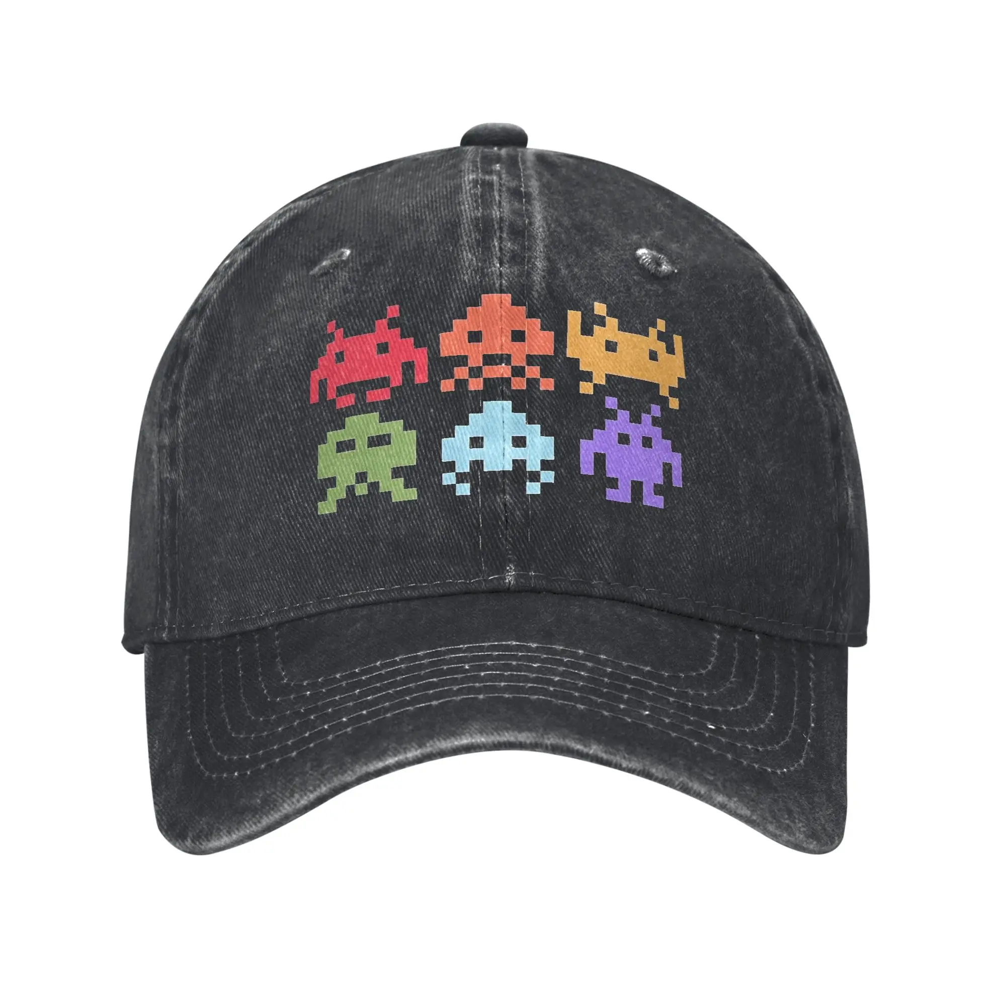 Casual Space Invaders Pixel Art Rainbow Aliens Baseball Caps Unisex Distressed Denim Headwear Outdoor All Seasons Hats Cap