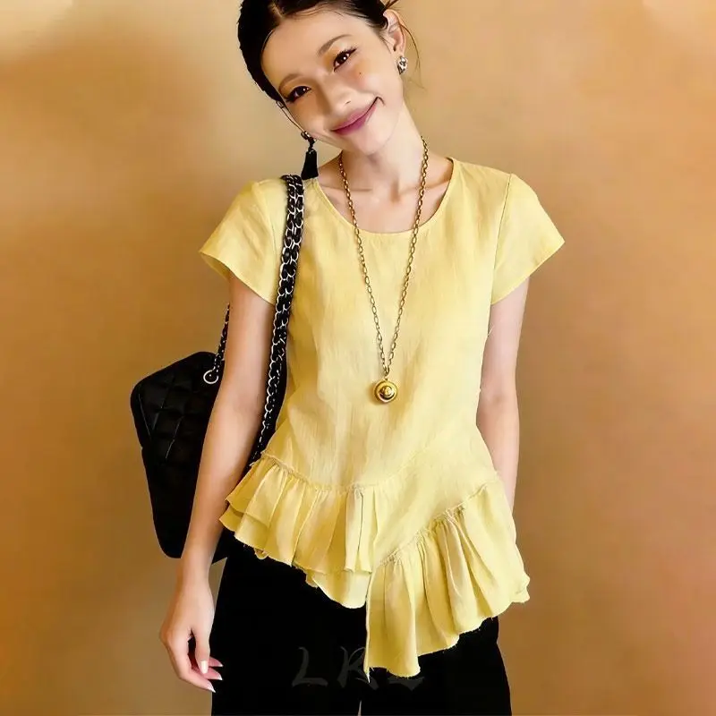 

Women's Elegant Round Neck Solid Irregular Ruffle Blouse Summer New Office Asymmetric Top