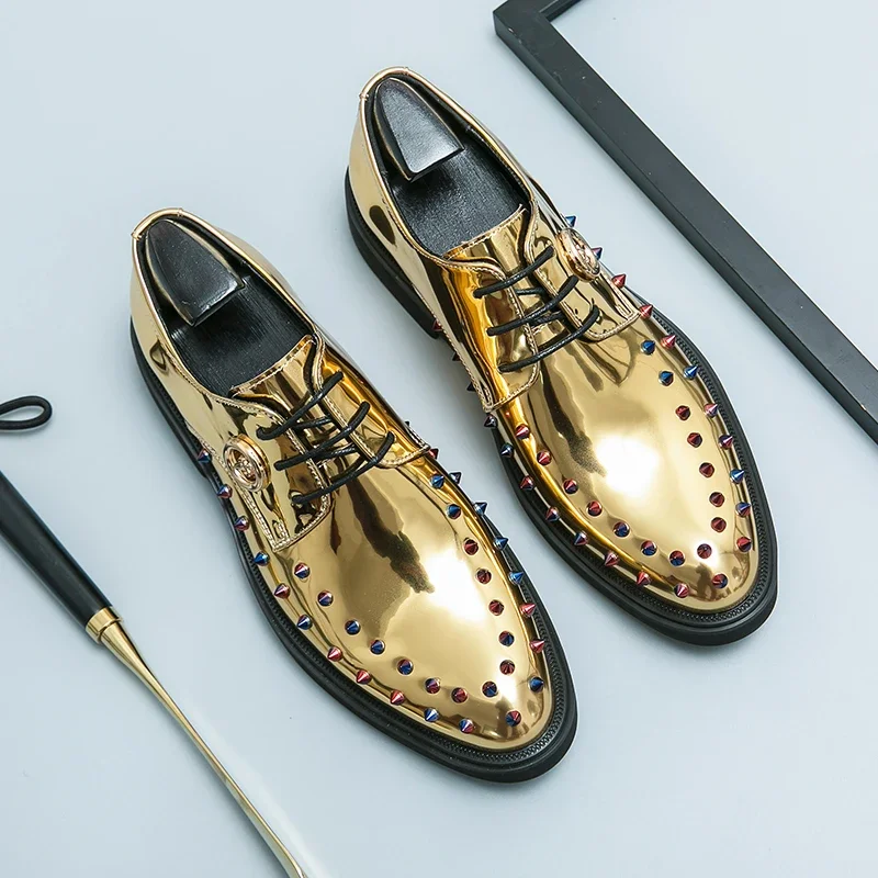 

New Men Dress Shoes Gold Oxfords Round Toe Lace-up Spring Autumn Handmade Fashion Mens Shoes