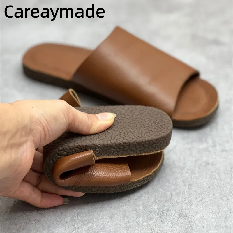 Careaymade-Summer Handmade Genuine leather Slippers Flat Bottom Soft Bottom Soft Face Casual Spot Handmade Cowhide Women\'s Shoes