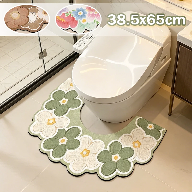 New Vintage Floral Toilet Rug Diatomite Super Water Absorbent U Shape Bath Mat with Anti-Slip Rubber Base for Bathroom Restroom