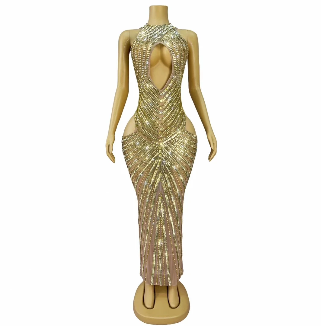 

Changliantiao Luxury Women Evening Dress Gold Diamond Sexy Perspective Mesh Hollow Dress Stage Performance Dress Prom Gowns