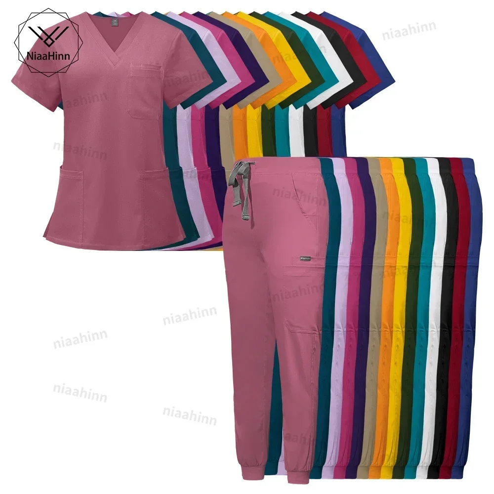 Hurtownia Pielęgniarstwo Szpital Uniform Scrubs Suit V Neck Short Sleeve Scrub Uniform Sets Pediatric Nursing Healthcare Work Wear Men