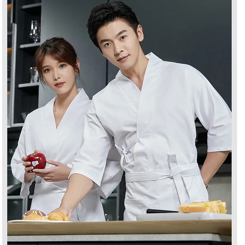 Women Men Hotel Chef Shirt Restaurant Kitchen Work Clothes Workwear Japanese Style Kimono Traditional White Black Waiter Uniform