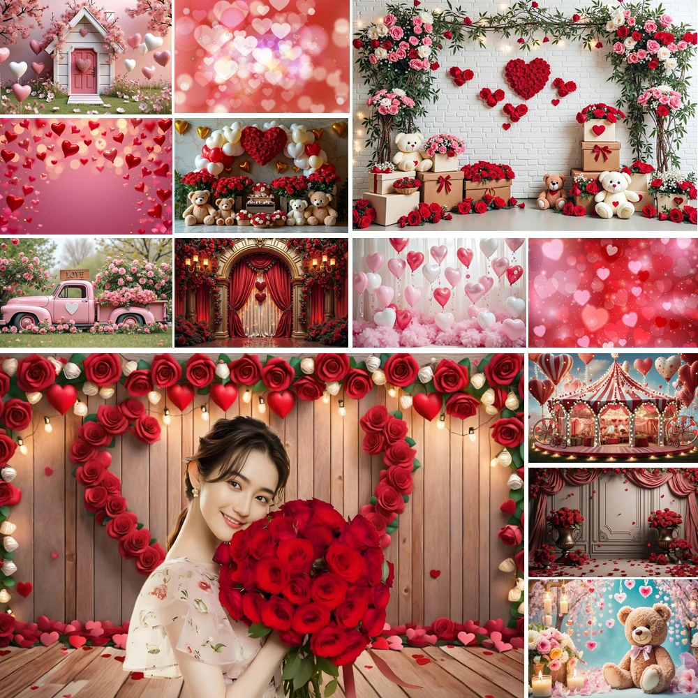

MOON.QG Valentine'S Day 2026 Photographic Background Wooden Heart Rose Balloon Backdrop Lover Portrait Birthday Photocall Studio