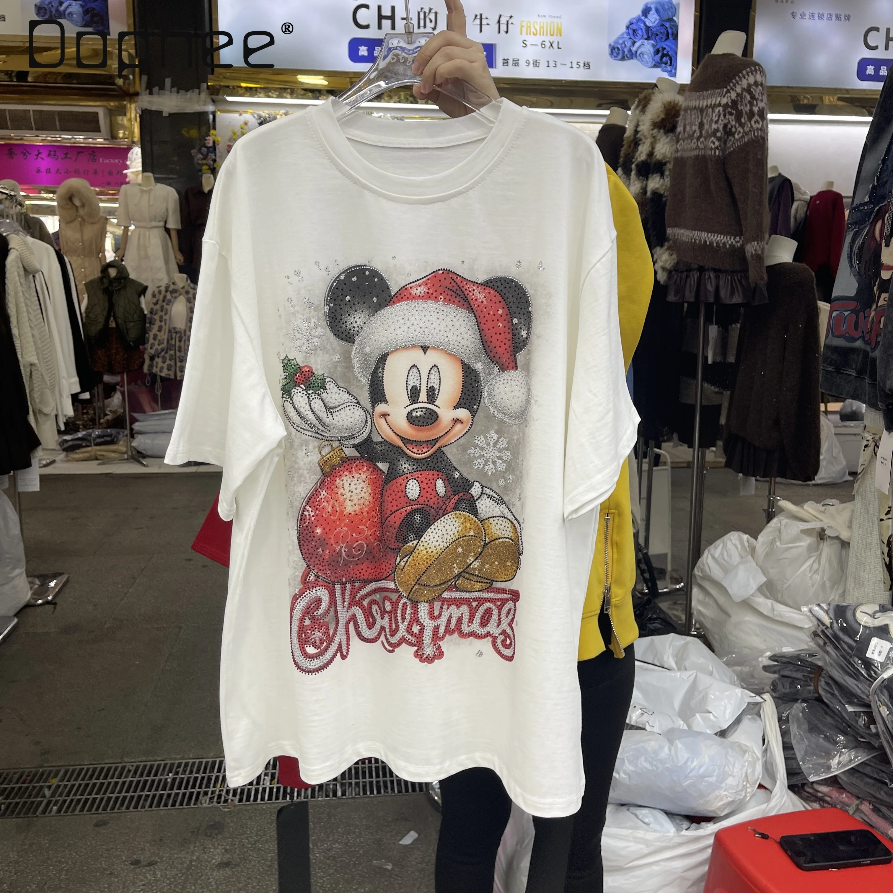 

White Short-sleeved T-shirt Trendy Brand Hot Diamonds Christmas Cartoon New Year's Fashion Loose Red Top Women Kawaii Clothes