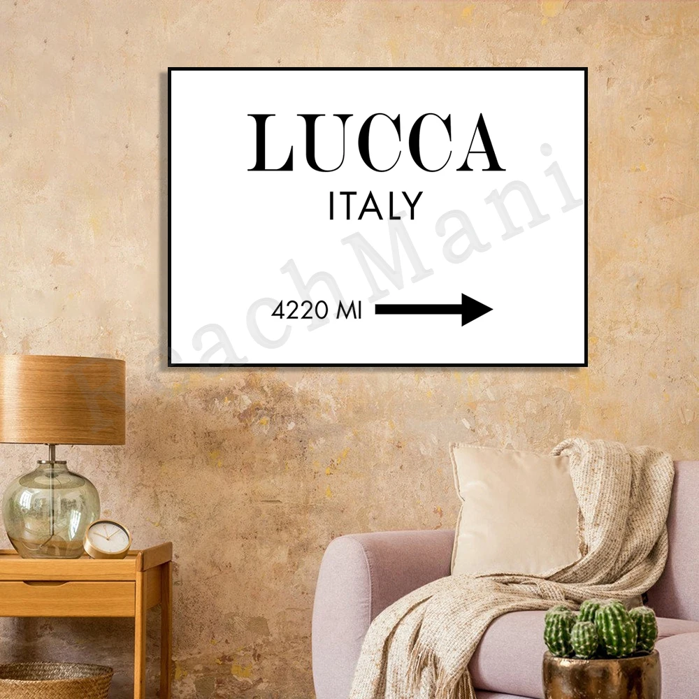 Lucca distance poster, modern wall art in Tuscany, Italy. Mileage, travel gift printing