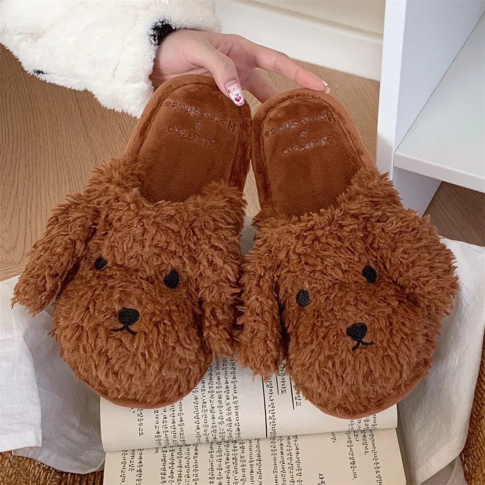 Cute home indoor warm plush cotton shoes puppy winter bedroom soft bottom cartoon cotton slippers female