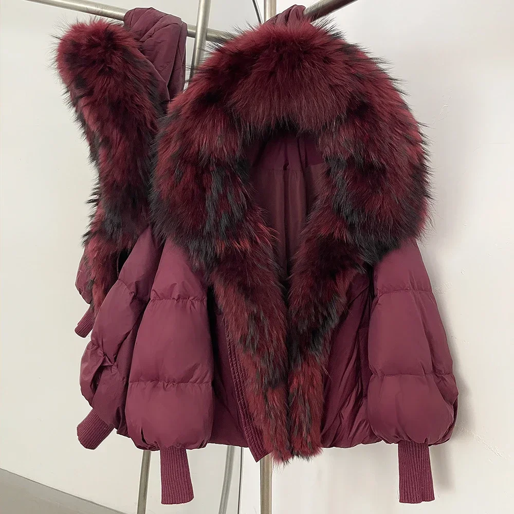 OFTBUY Neuer Wintermantel für Damen, Vollumhüllter Oversize-Mantel mit Echtfuchspelzkragen, Gestrickten Manschetten, Puffärmeln, Kurzer Daunenpuffermantel – Detail 20