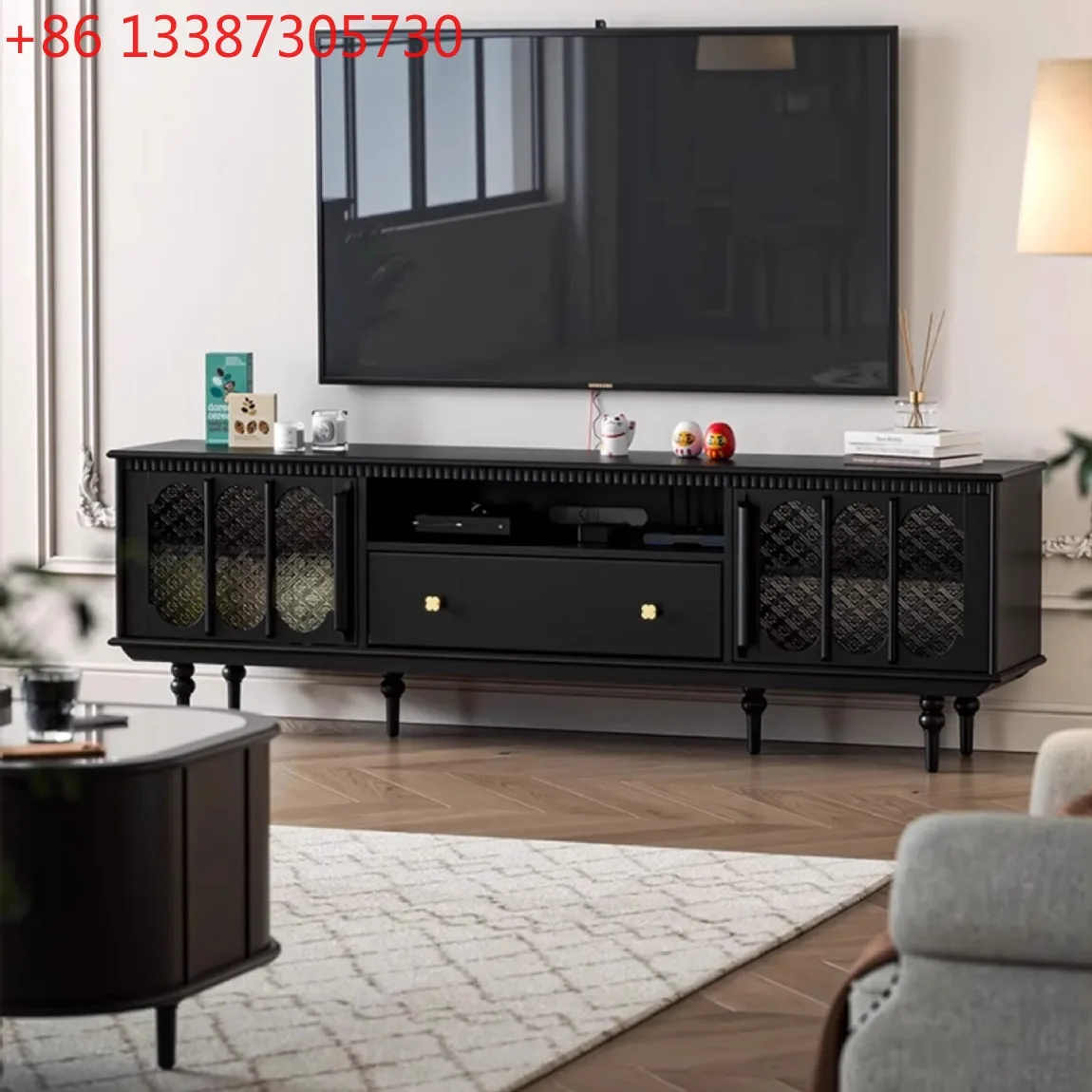 

French light luxury floor-to-ceiling TV cabinet black retro style living room high-end