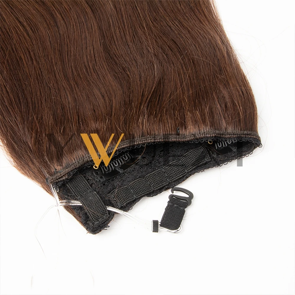 YWUEXT Brown Clip In One Piece Human Hair Extensions with Adjustable Fish Wire 12''-24'' Halo Hair Extensions Flip ins 60-100g