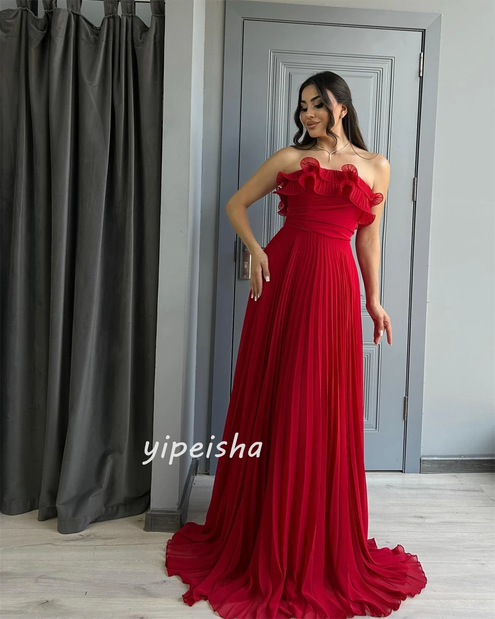 Robes longues froncées en mousseline de soie, personnalisées, de haute qualité, simples, plissées, droites, sans bretelles, robes d'occasion sur mesure, tailles disponibles