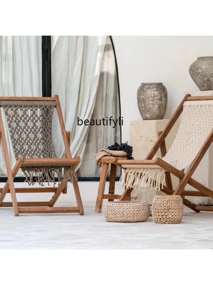 Modern Minimalist Teak Deck Chair Outdoor Indoor Balcony Solid Wood Camping Villa Beach Lazy Bone  portable  rattan chair