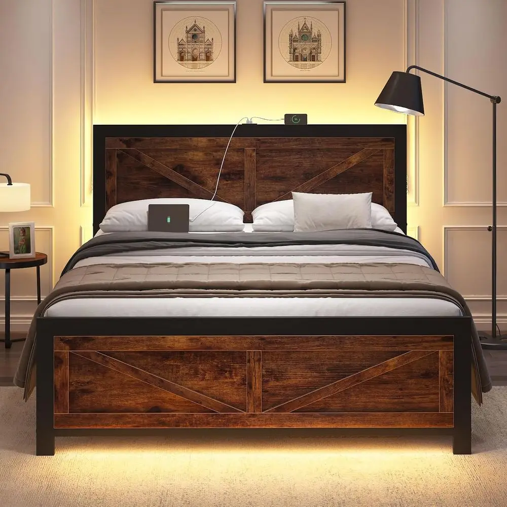 Brown King-Size Platform Bed with USB Charging, Barn Door Headboard, Metal Slat Support, Noise-Free, No Box Spring Needed