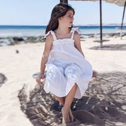 100% Natural Linen Girls Dress 2026 Summer New Children Casual Sleeveless Bandage Beach Sundress Flower Girl Dresses