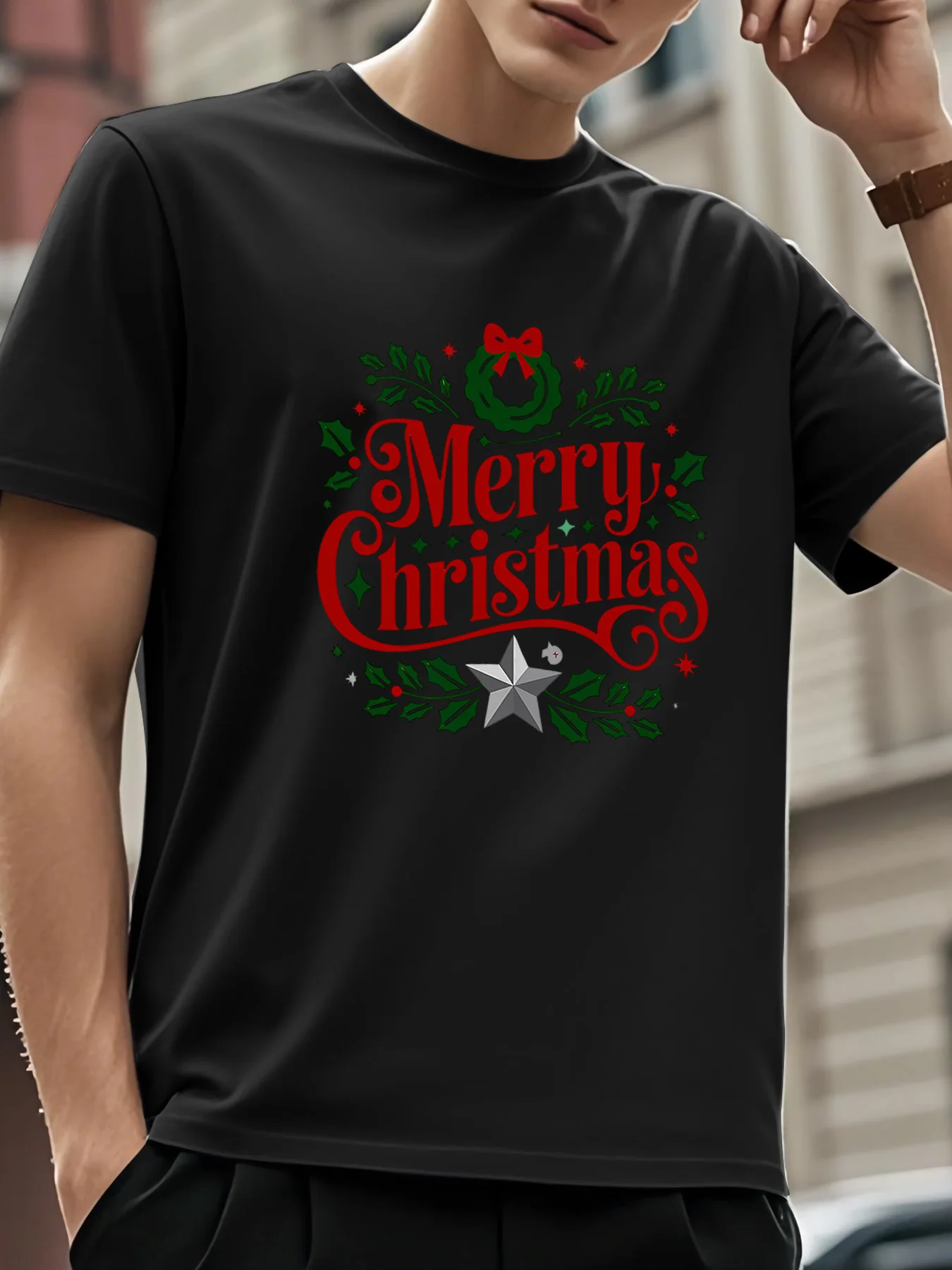 Kerst-T-shirt met korte mouwen voor heren - Rode en groene vakantieprint met Holly Berries and Stars, 100% polyester