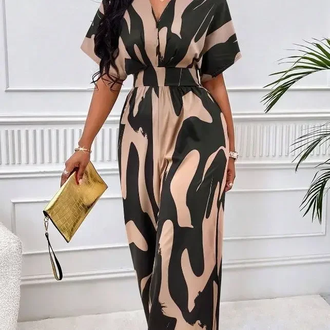 One Piece Women Print V Neck Half Sleeve Loose Wide Leg Long Pants Overalls Casual Splice Romper Tight High Waist Jumpsuits