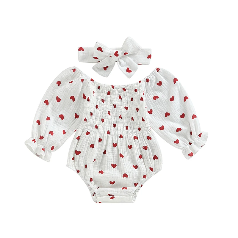 

Baby Girls Valentine s Day Romper Heart Print Long Sleeve Boat Neck Jumpsuits Infant Autumn Winter Bodysuits with Headband