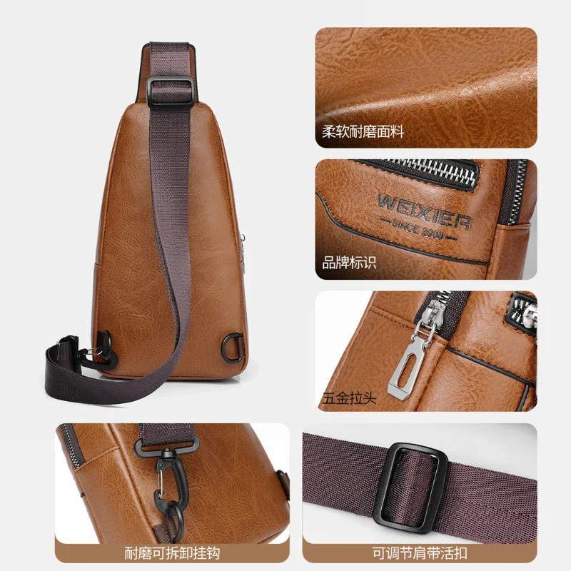 PU leather multi-functional men's simple chest bag, waterproof, wear-resistant, lightweight, multi-pocket crossbody bag