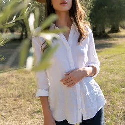 100% Linen French Ladies White Shirt 2024 Spring New Chic Casual Linen Slim Cardigan Tops Office Women's Long Sleeved Shirts