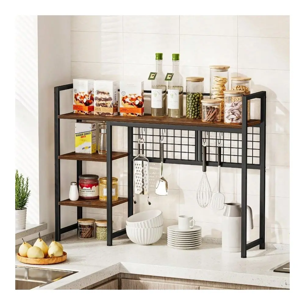 

Shelf 38.6 Desktop Organizer Shelf Desk Hutch For Computer Monitor 4 Tier Desk Display Rack With Pegboard Hooks Set Wood Deskto