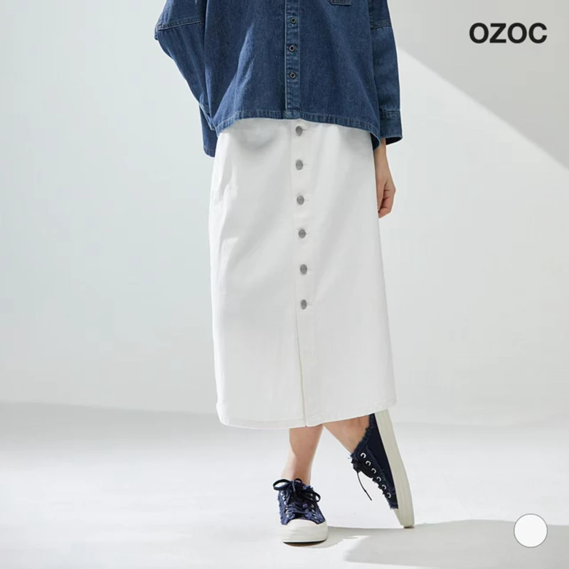 

OZOC Spring Summer Versatile Single Button Elastic Waist Tee Color Denim Skirt Casual High Waist A-Line Skirt