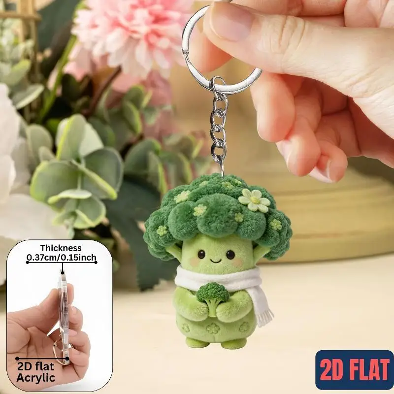Cute 2D Flat Acrylic Broccoli Keychain Cartoon Design Sturdy Metal Ring Perfect For Bag Decoration Gifts For Kids Friends