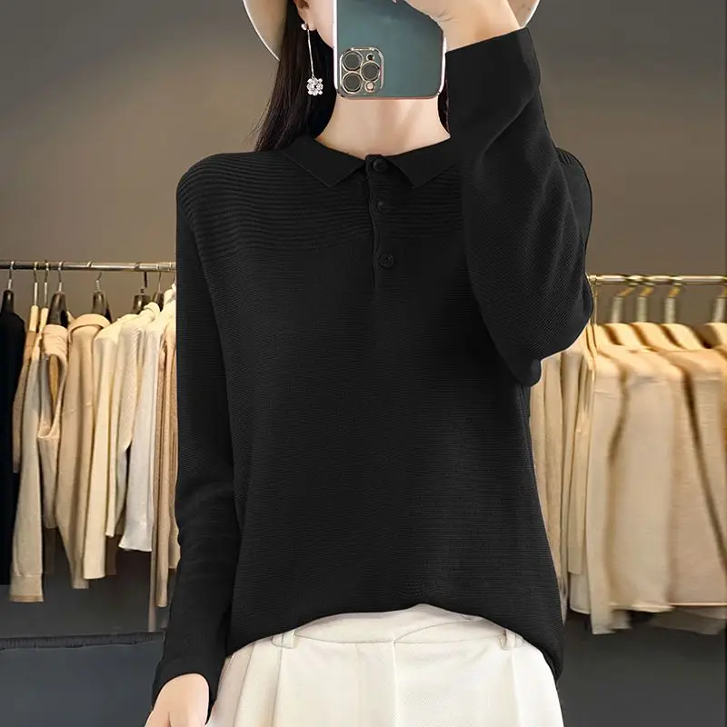 Autumn Women\'s 2024 New Spliced Pullover Polo Collar Button Fashion Solid Loose Minimalist Casual All-match Long Sleeved Top