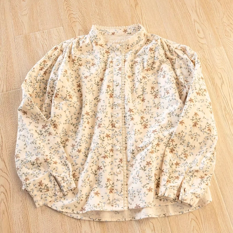 

Одежда Mori Kei 2026, зимние рубашки из хлопка с начесом, теплые толстые рубашки с длинными рукавами и воротником-стойкой в японском стиле с принтом в деревенском стиле