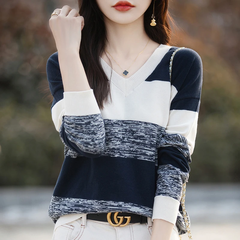 

Women V-neck Long Sleeve Pullover 100% Cotton Colorful Striped Contrasting Sweater Autumn Winter Bottoming Shirt Knitting Top