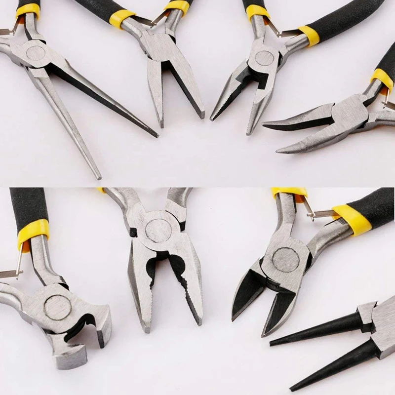 8Pcs Mini Pliers Set, Long Nose With Teeth, Flat Jaw, Round Curve Needle Diagonal Nose Wire End Cutting Cutter Linesman Plier Wi