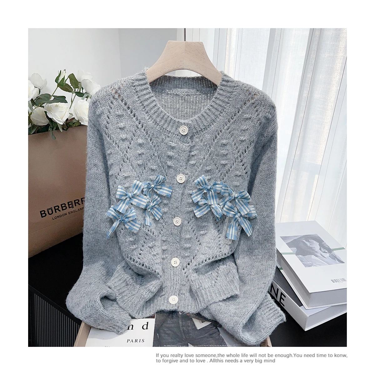 

Women's Gray Bow Hollow Y2k Design Sweater Casual Korean 2000S Style Round Neck Autumn Winter Long Sleeve Knitted Cardigan Top