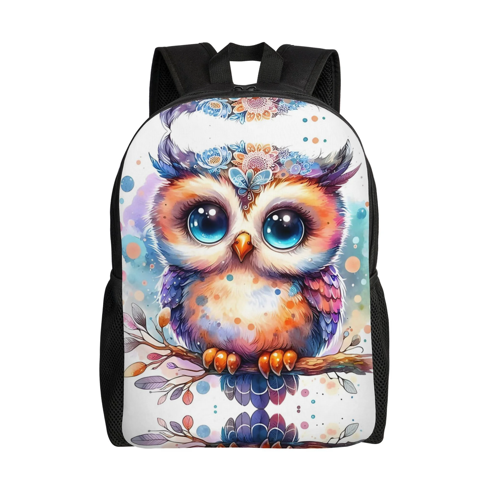 

Cute Bohemian Owl Backpack with Soft Watercolor Print - Pale Pink, Blue, Green, Purple, Yellow, Orange, Black & White