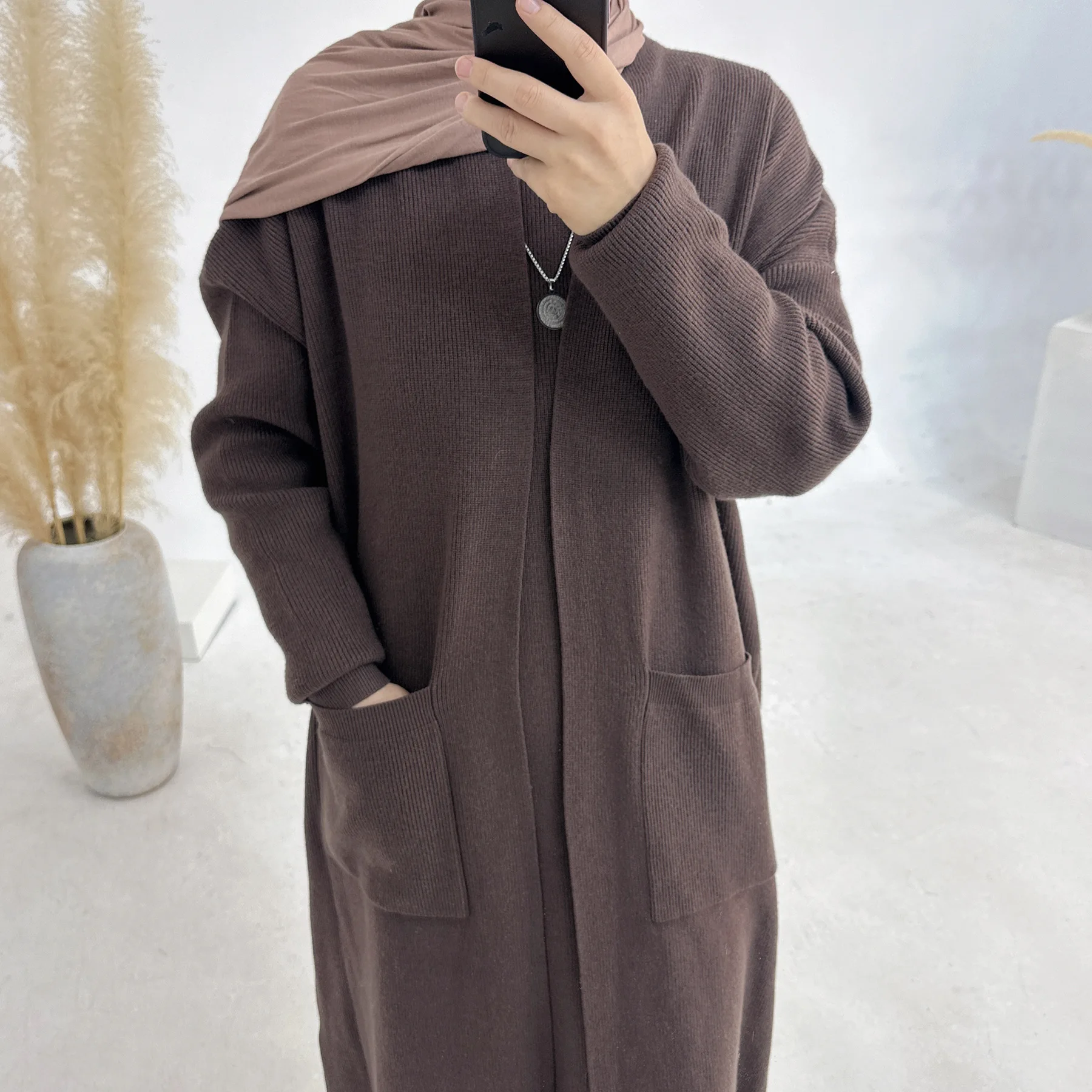 Winter Knitted Muslim Set for Women Thick Kimono Cardigan with Inner Dress Suit Dubai Abaya Kaftan Ensemble Morocco Outfits Robe