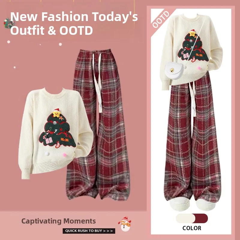달콤한 한국 스타일 투피스 겨울 의상 스웨터와 체크무늬 캐주얼 바지 하이 패션 느낌 긴 소매 라운드 넥 탑