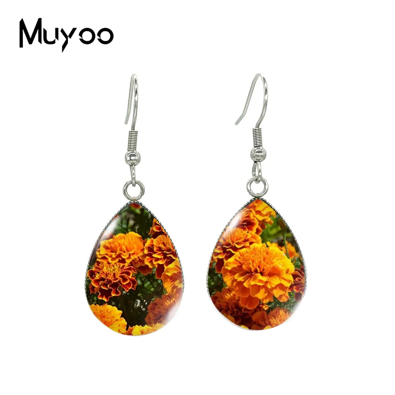 2023 New Pink Carnation Tear drop Earring Flower Painting Fish hook Earrings Glass Dome Jewelry Handmade Items