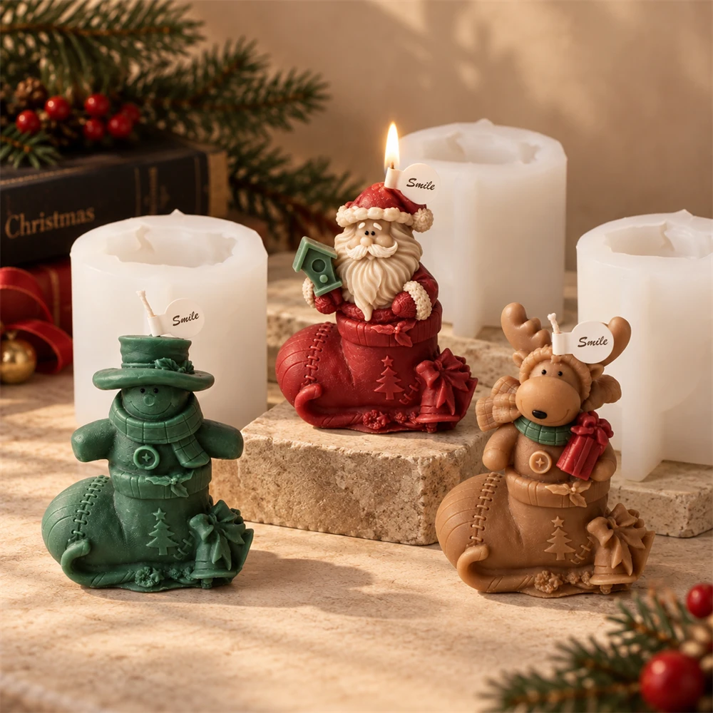 Christmas Stocking Candle Mold 3D Santa Claus Snowman Reindeer Design Silicone Mold for DIY Scented Candle Making, Xmas Gifts