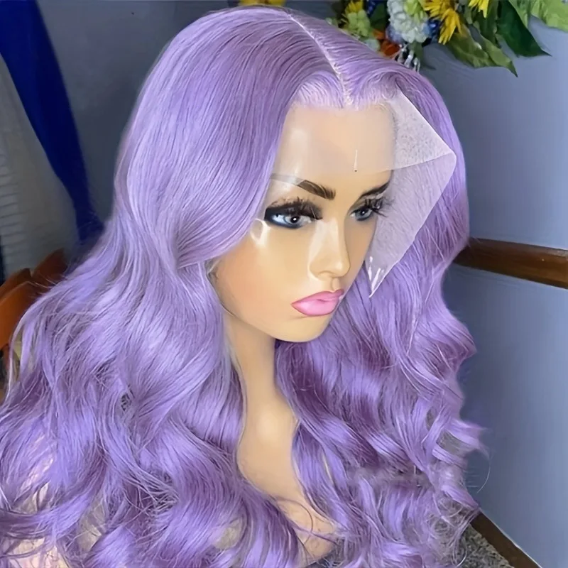 

Lavender Purple Body Wave Lace Frontal Wig Heat Resistant Synthetic Pre Plucked Glueless Light Purple Daily Cosplay For Women