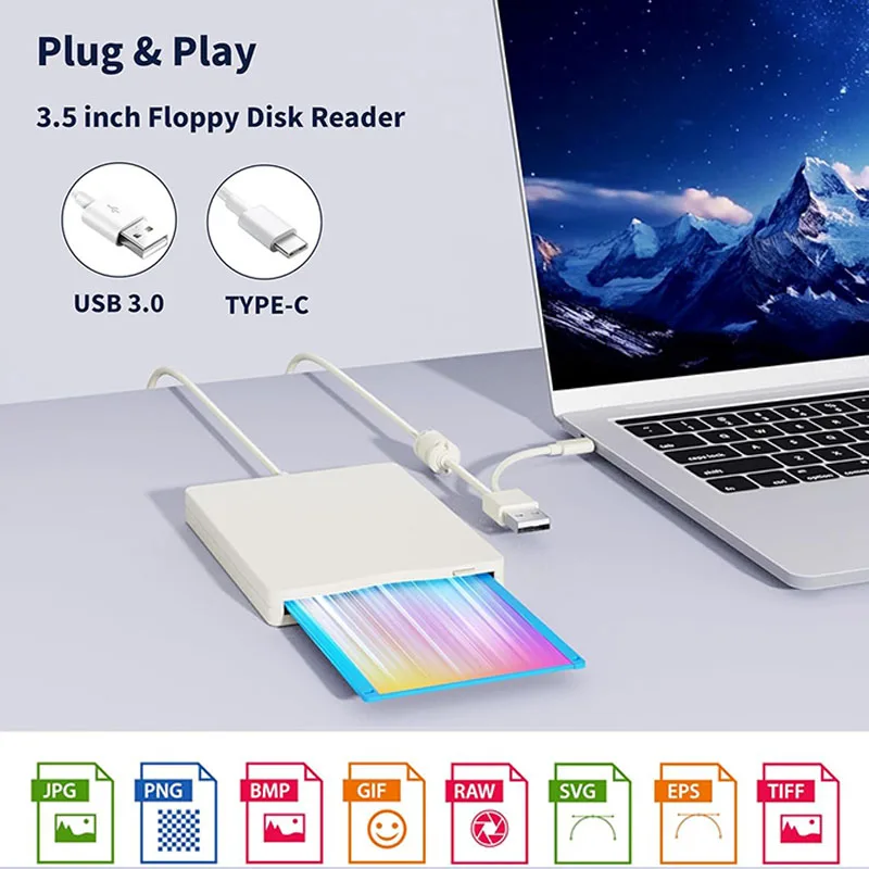 Floppy Disk Reader 3.5 inch External Floppy Disk Drive with USB Type-C Portable FDD Floppy Disk Drive for Laptop PC Windows11