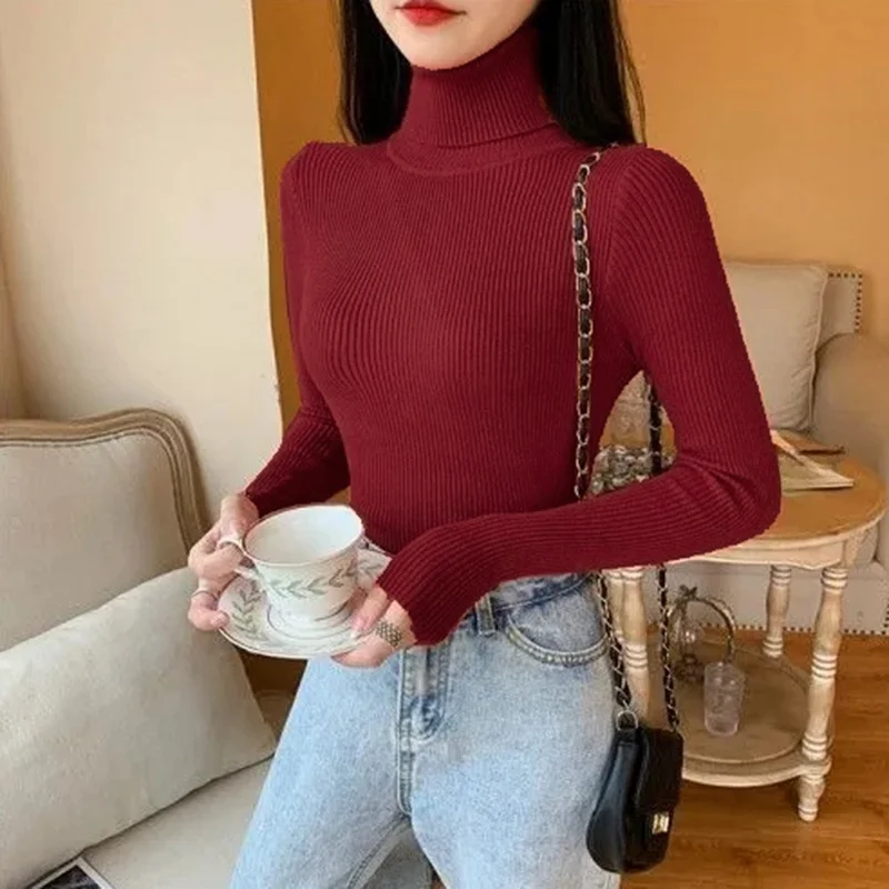 New Turtleneck Jumper Woman Knitted Blouses Fashion Ladies Sweaters Winter Thermal Striped Long Sleeve Autumn Warm Tops Basics