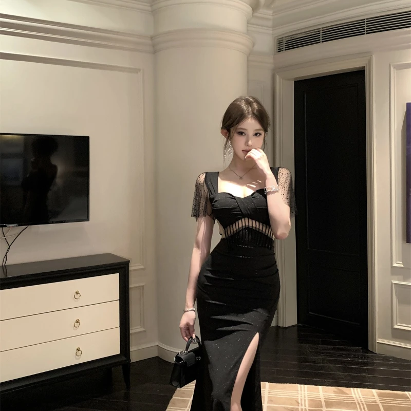 

Women Fashion Chic Diamon Hollow Out Sexy Club Dress Summer Off Shoulder V-Neck Dress 2025 Korean Vintage Birthday Party Dresses