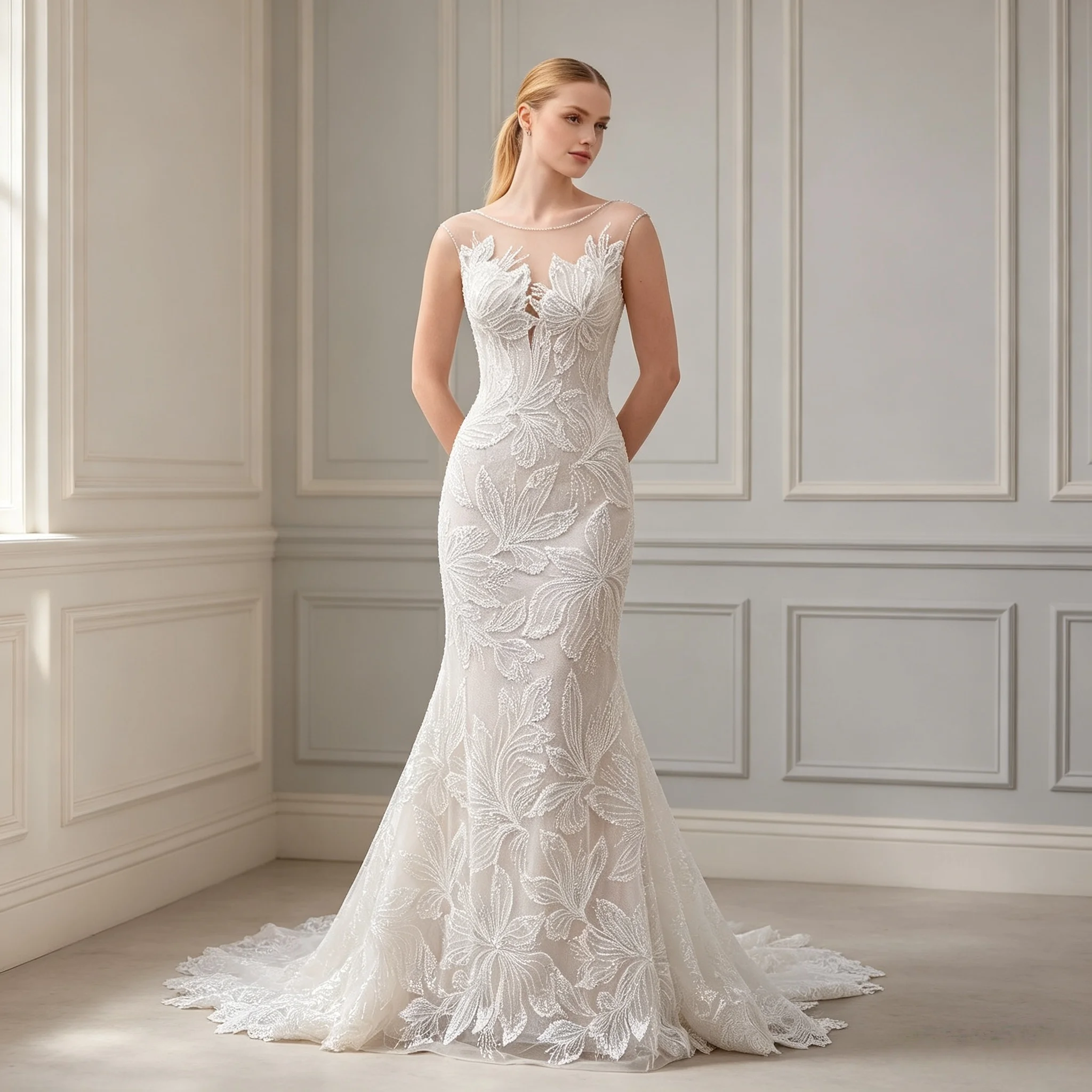 3D Beaded Leaf Lace sleeveless bodice Mermaid Wedding Dress Corset Sheer Open Back Chapel Train Luxury Bridal Gown Customizable
