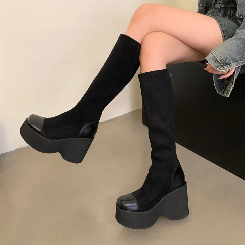 Women Platform Boots Black Suede Wedges Shoes Punk Fall Long Knee Boots 11cm Chunky High Heels Comforts Bottines Plateforme