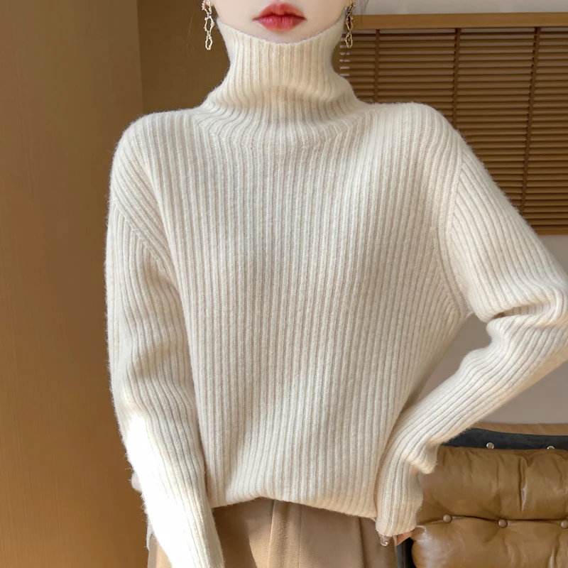 

Classic Seamless Women Knitwear 100% Wool Pullover Thick&Loose Sweater Long sleeves Vertical stripe style Warm Soft Basics Tops