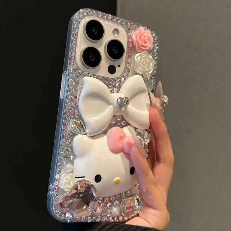 Sanrios Hello Kittys Iphone 15 Phone Case Rhinestones Bow Tie 14 13Pro Anime Transparent Soft Shell Kawaii Cartoon All Inclusive